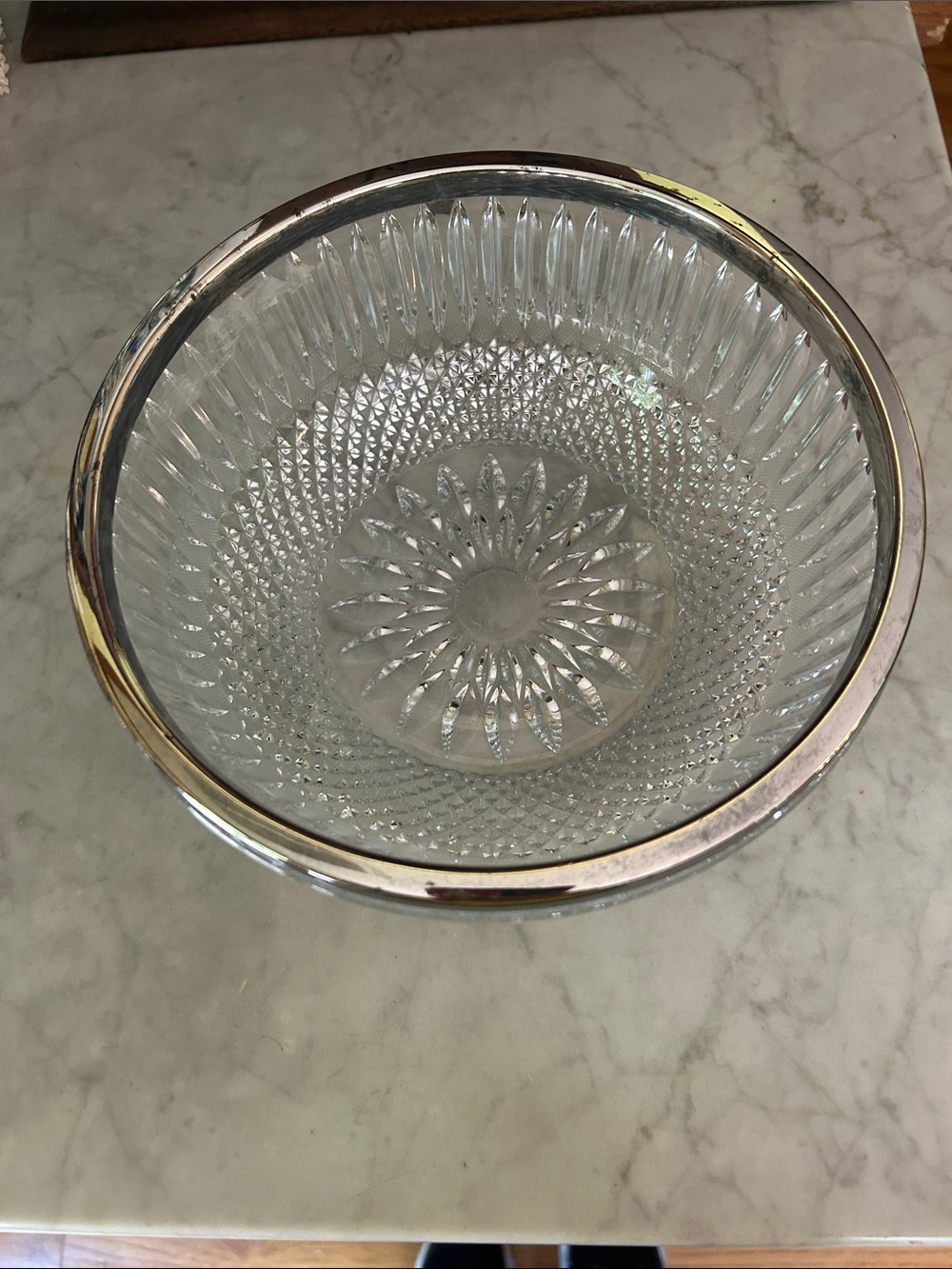 Leaded Glass Silver Rimmed Bowl Two Quart Size; in Excellent Condition; Heavy!